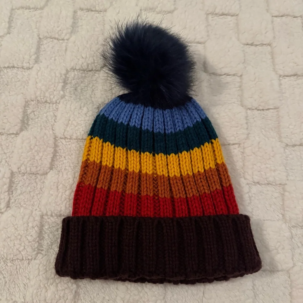 Garage Colorful Striped Rainbow Pom-Pom Knit Beanie, Adult OS